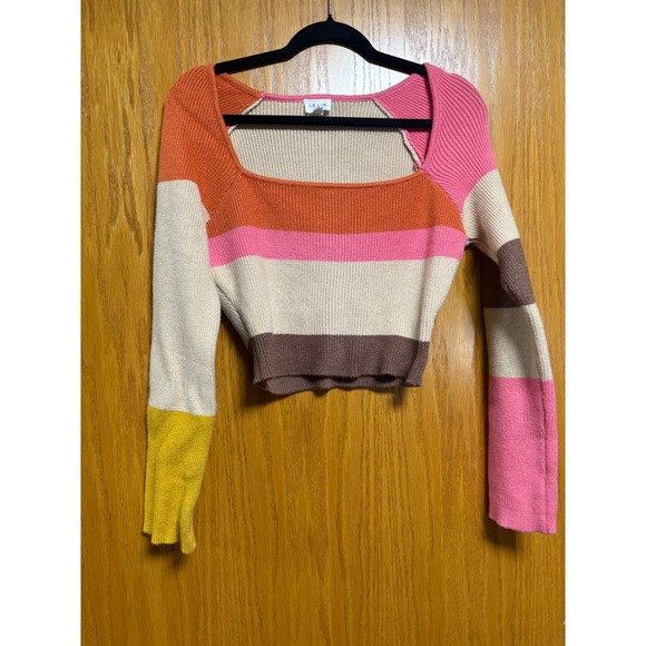 Y2K Le Lis Collection Striped Square Neck Sweater Cropped Knit Top Pink Orange - Picture 1 of 10